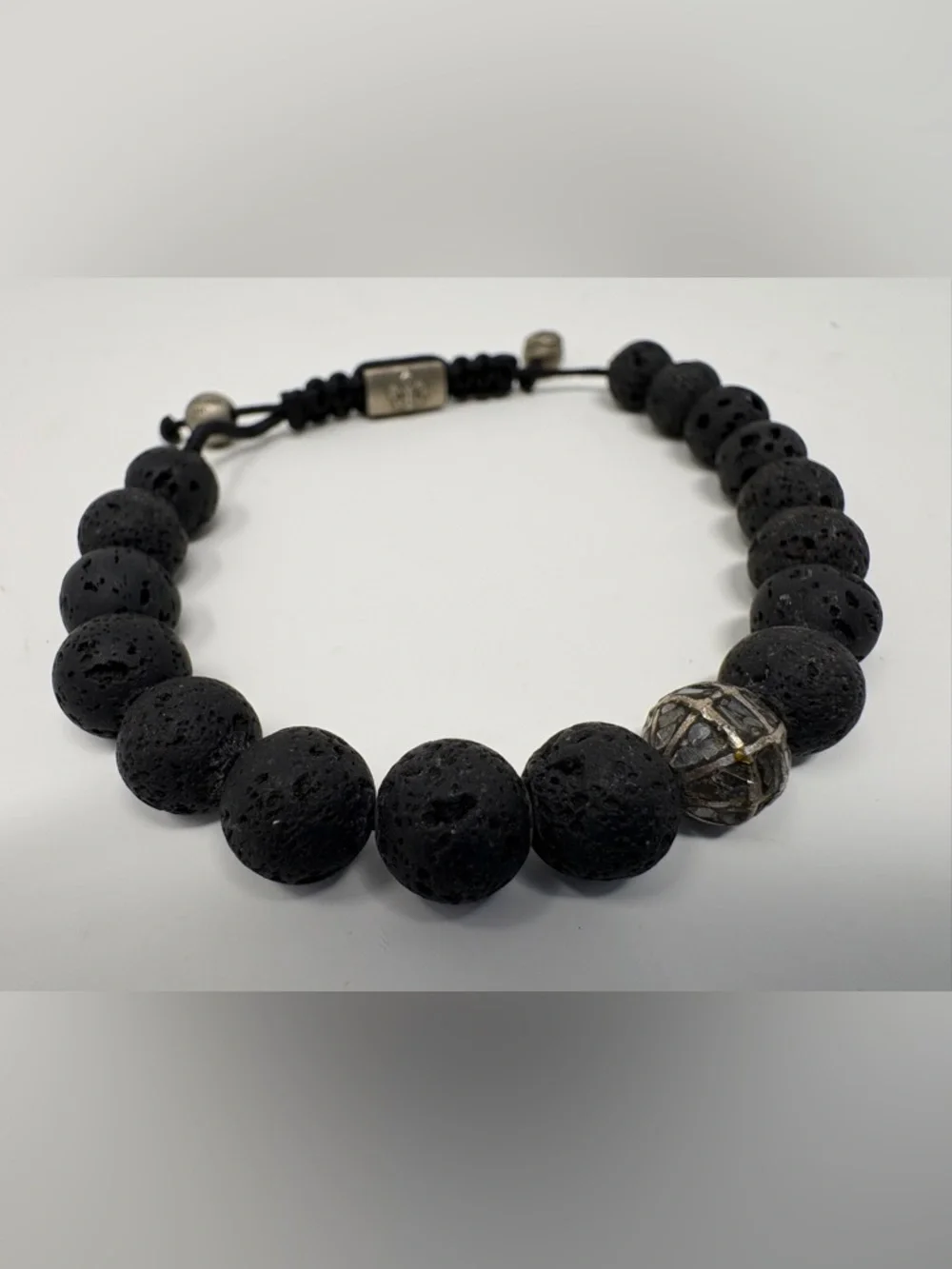 Nialaya 925 Silver Lava Stone Skull Bracelet